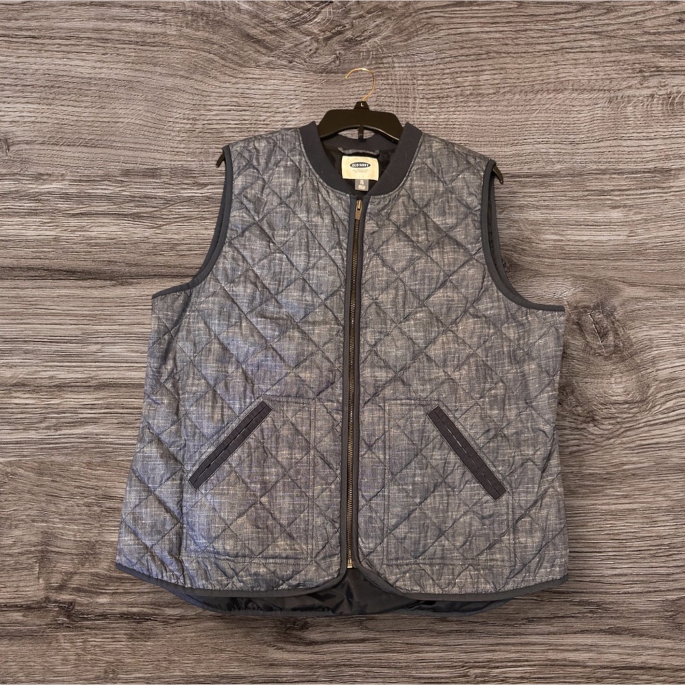 Old Navy Quilted Zip-Up Vest XL | Gray Chambray Diamond Stitch | Cozy Layering